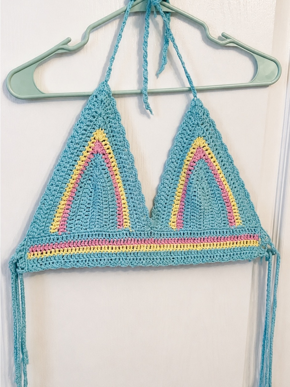 Hand-Crocheted Triangle Halter Top — Turquoise with Pink & Yellow Accents